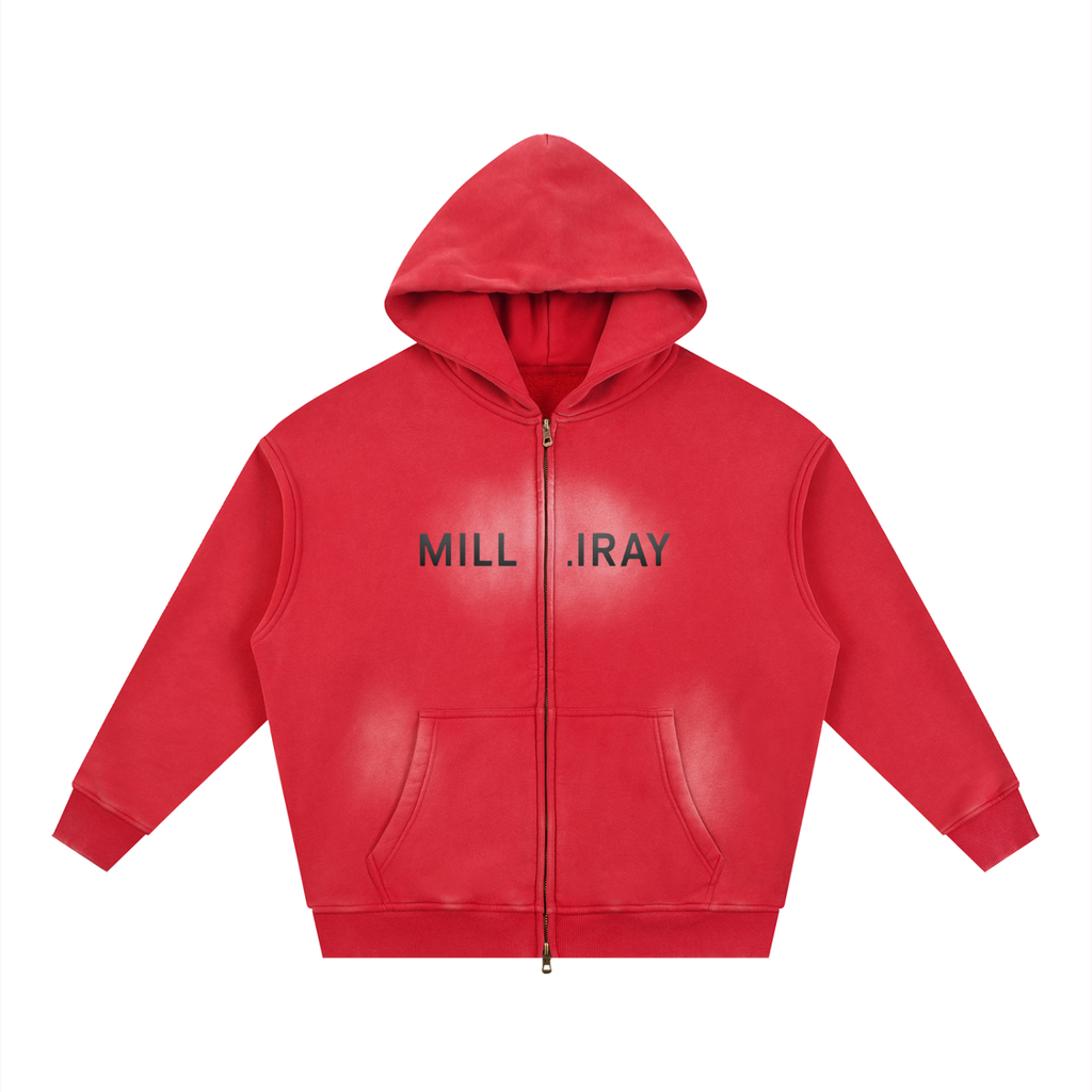 Milliray Sunfade Two-Way Zip Boxy Fleece Hoodie — Red