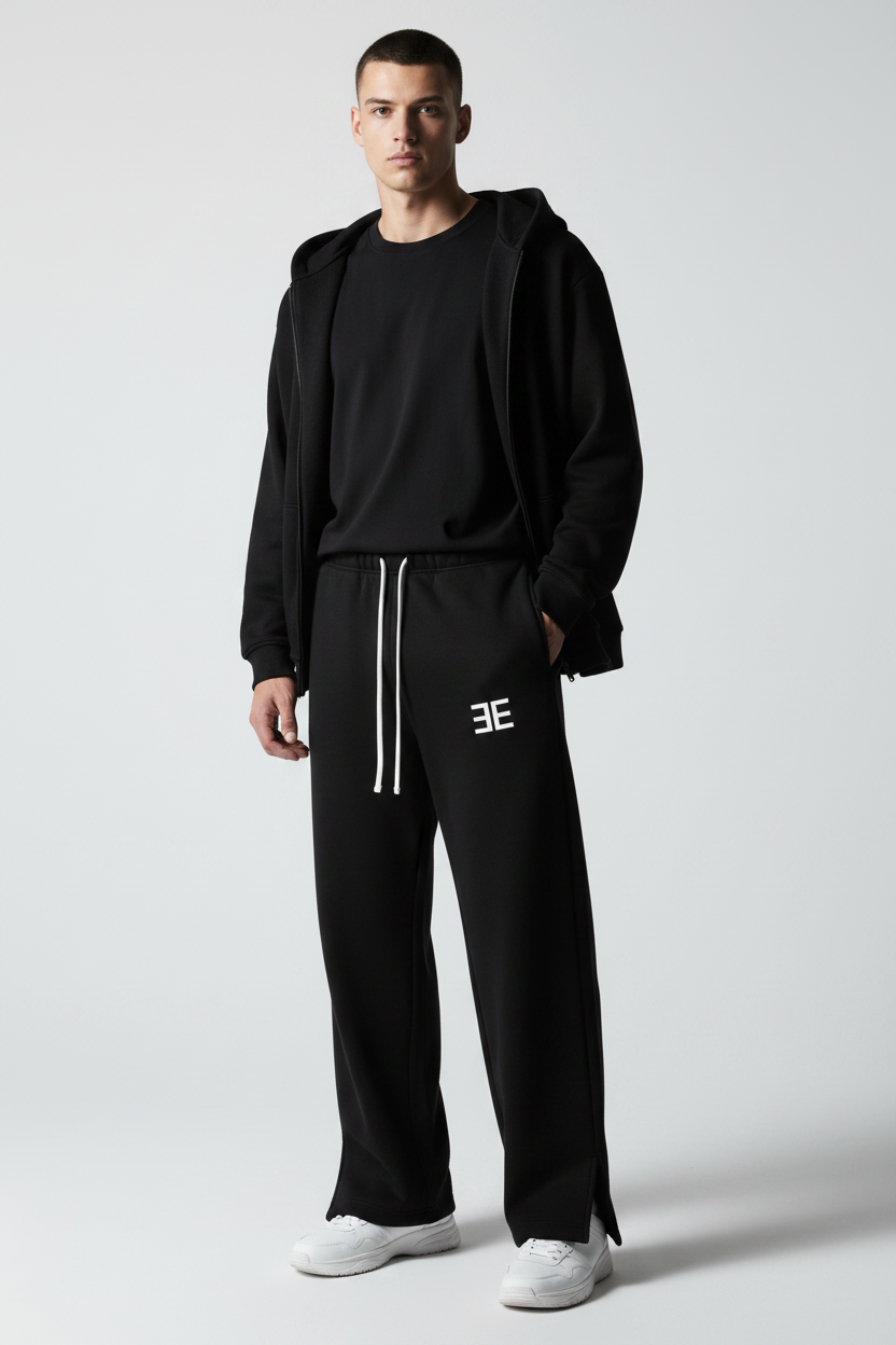 ЭE Signature Wide-Leg Fleece Sweatpants — Black Model Mockup