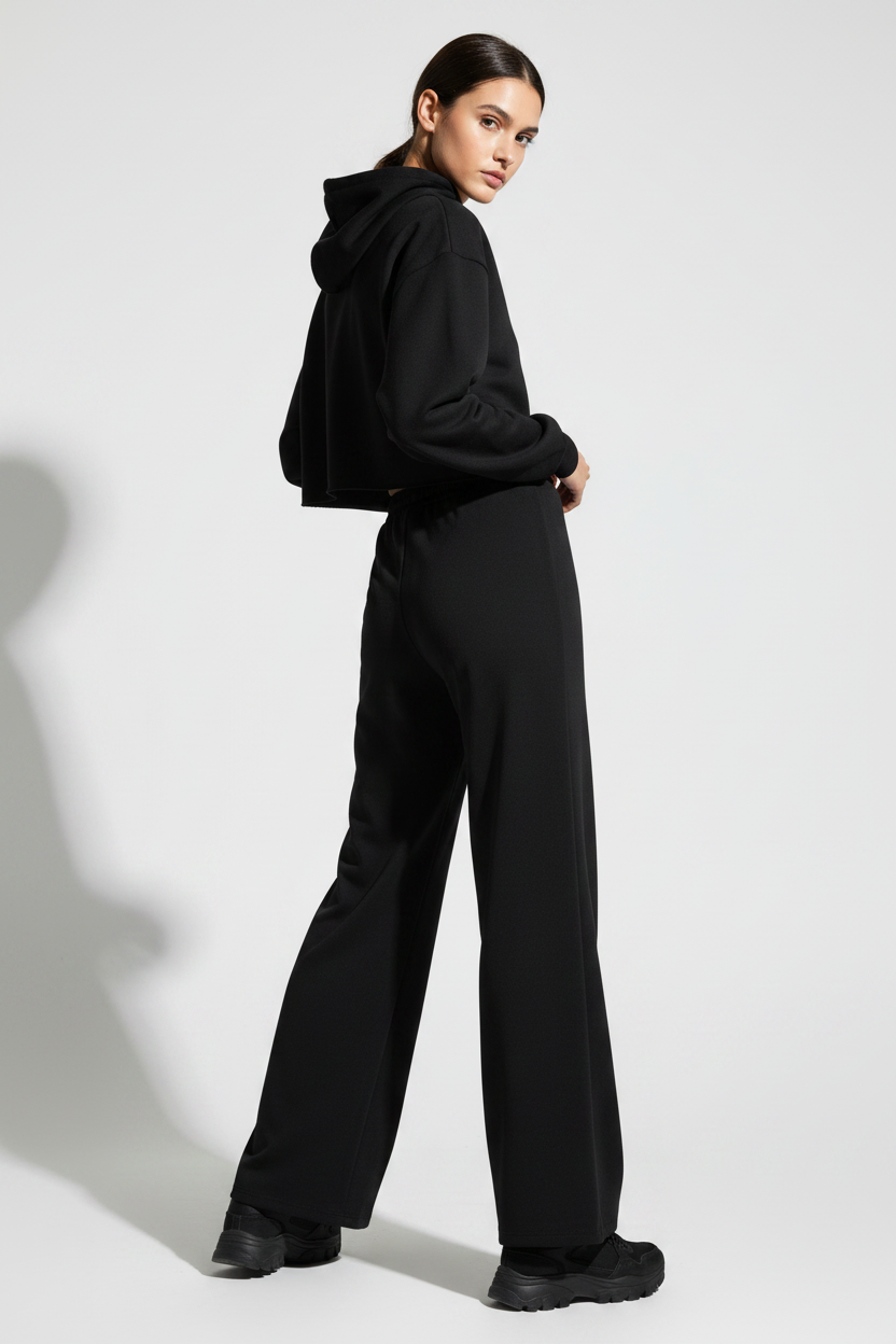 ЭE Wide-Leg Sweatpants — Black Female Model Mockup