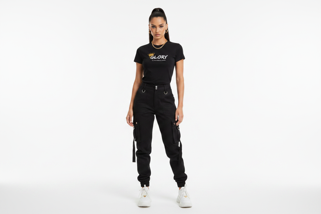 Female Model - Glory Tee Black Front