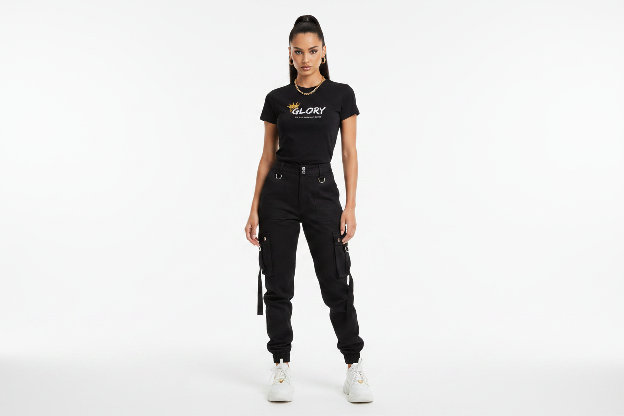 Female Model - Glory Tee Black Front