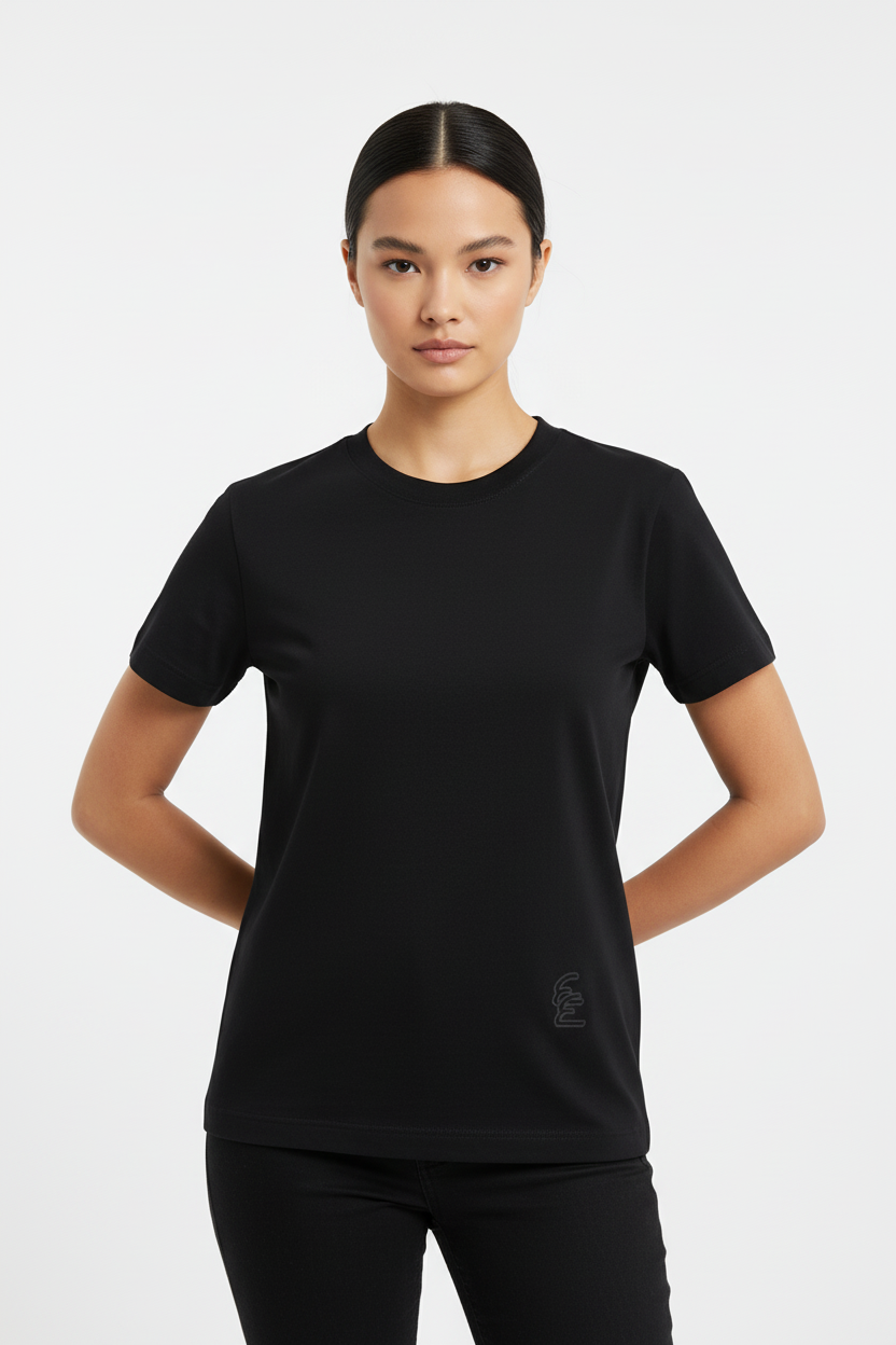 Front view model mockup of black t-shirt
