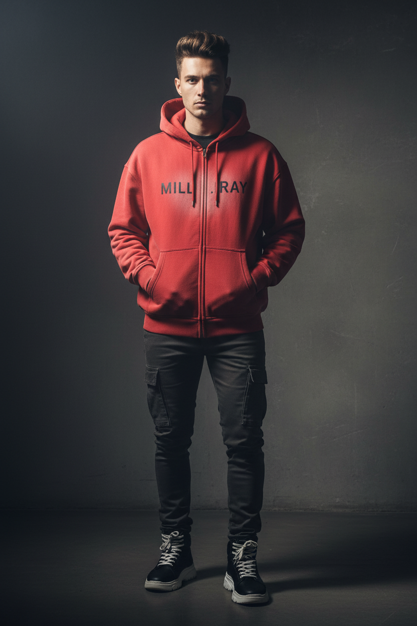 Male Model - Milliray Red Hoodie Front