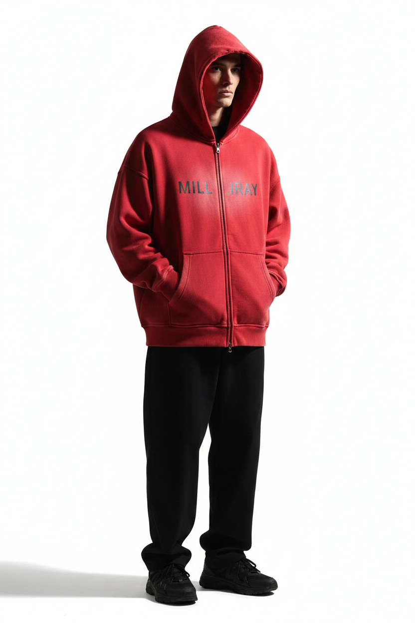 Milliray Sunfade Two-Way Zip Boxy Fleece Hoodie — Red Model Shot