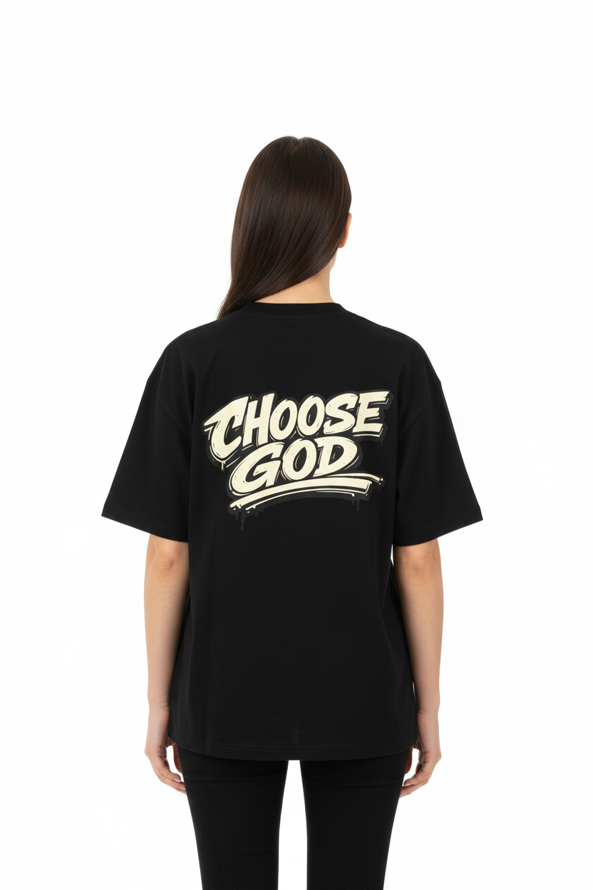 Model mockup of black t-shirt with CHOOSE GOD graphic