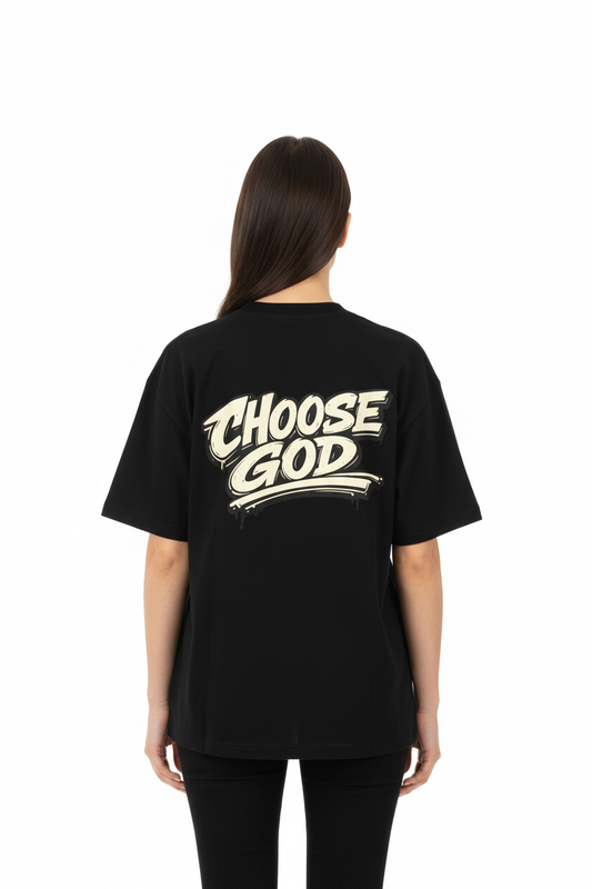 Model mockup of black t-shirt with CHOOSE GOD graphic