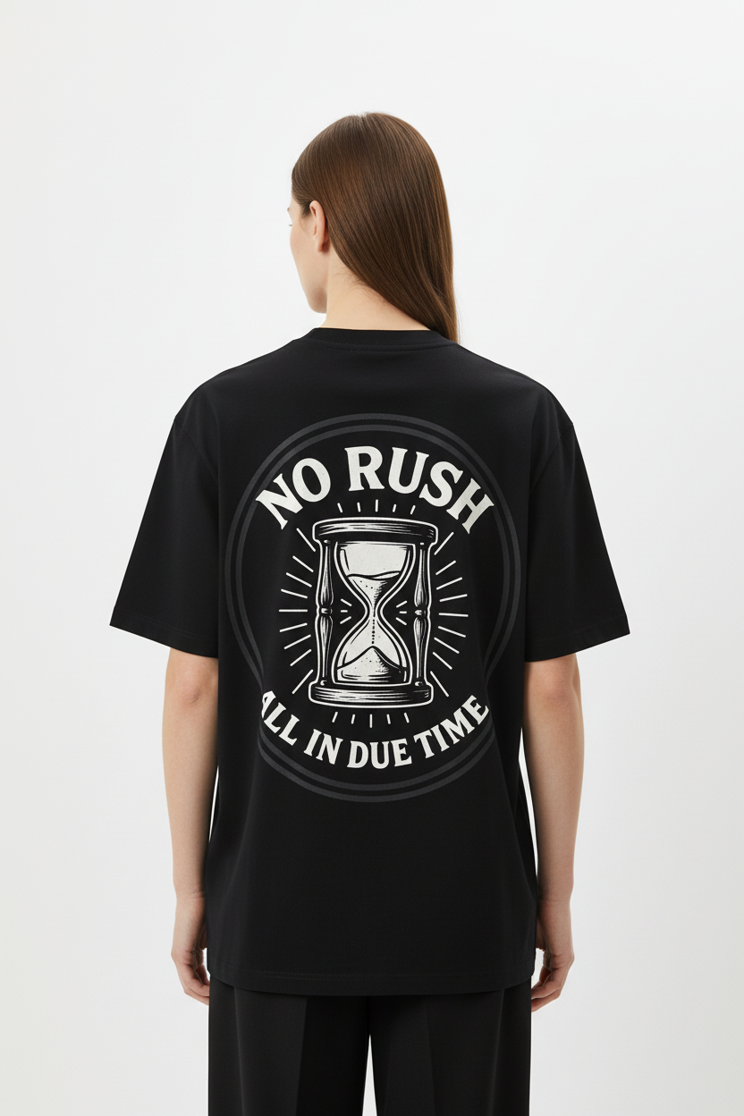 Model mockup of black t-shirt with NO RUSH - ALL IN DUE TIME graphic
