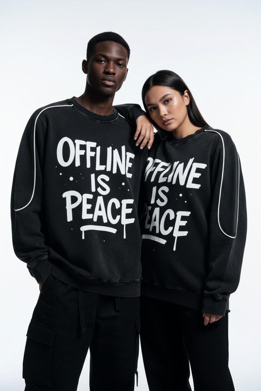 Offline Is Peace — Mineral Wash Sweatshirt — Model Mockup