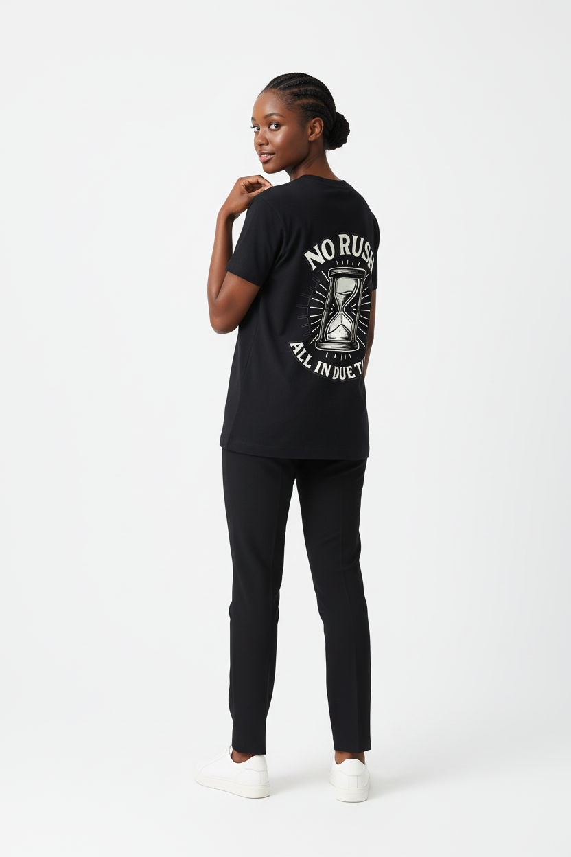 Second model mockup of black t-shirt with NO RUSH - ALL IN DUE TIME graphic