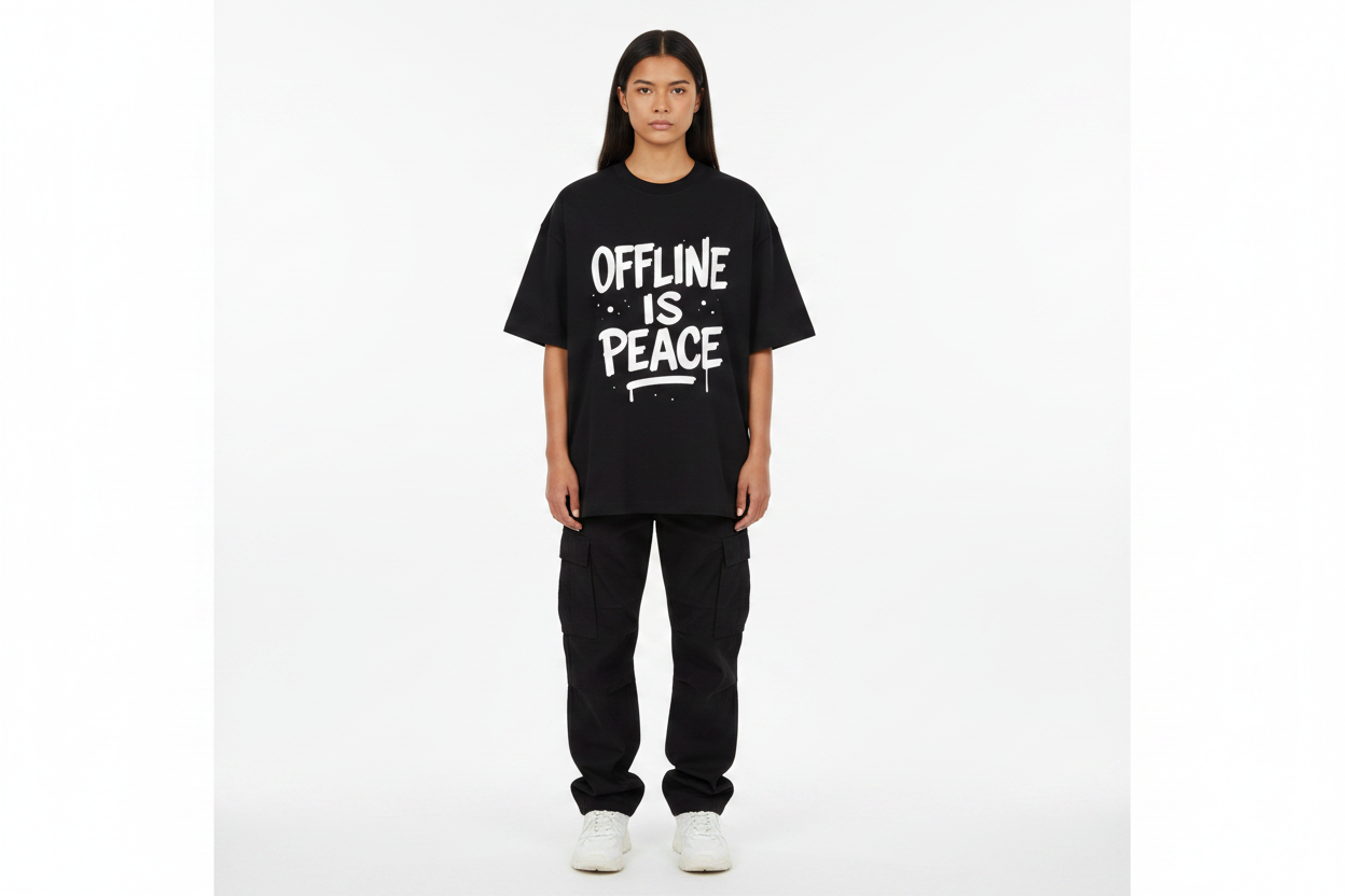 Unisex Model - Black Offline Is Peace Tee Front