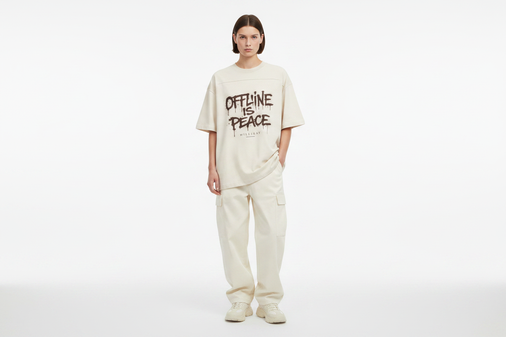 Unisex Model - Cream Offline Is Peace Tee Front