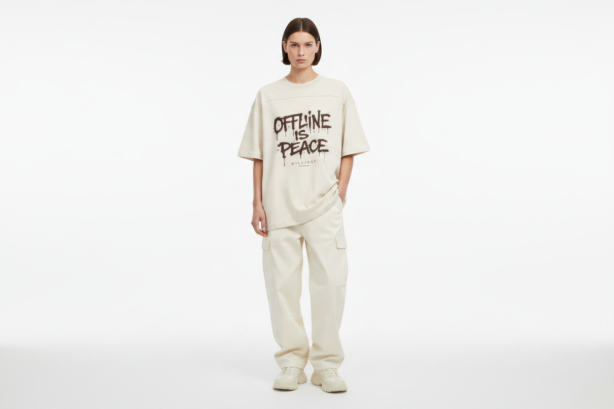 Unisex Model - Cream Offline Is Peace Tee Front