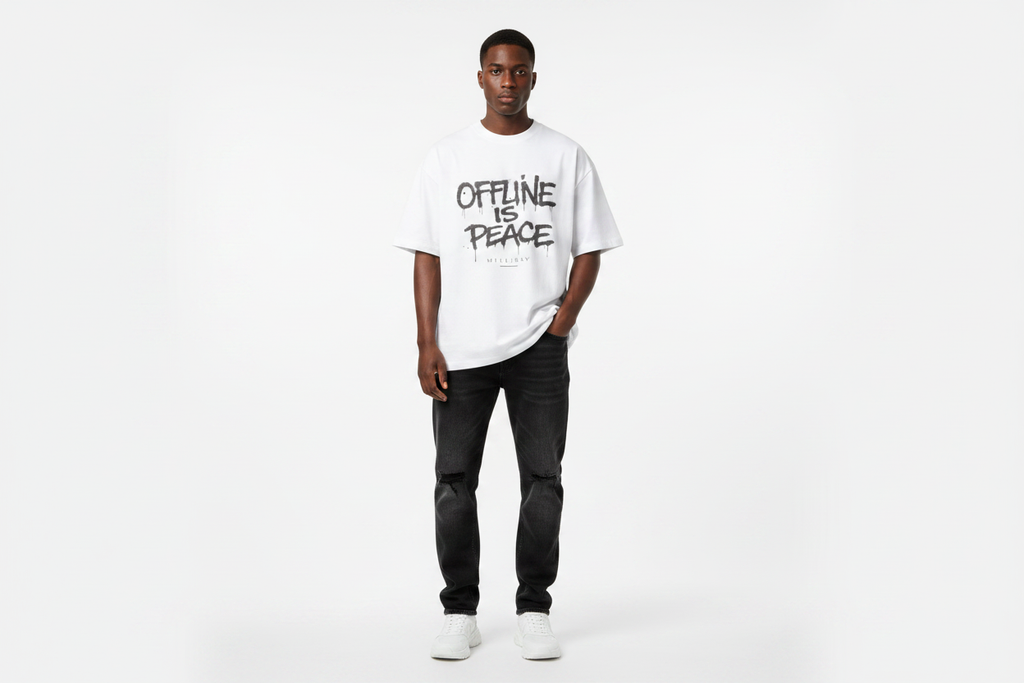 Unisex Model - White Offline Is Peace Tee Front